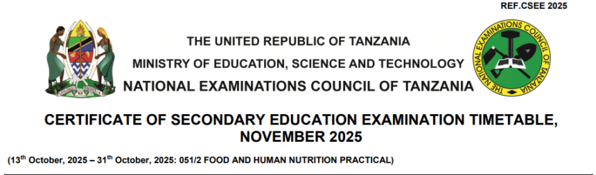 Ratiba ya Mtihani Kidato cha Nne (CSEE) 2025 – NECTA Form Four Timetable